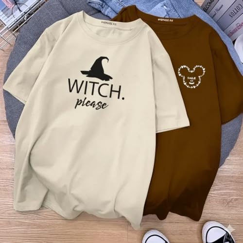 Image of Cotton Blend Drop Shoulder Oversized Baggy Fit Half Sleeve Printed Solid Round Neck T-Shirts Combo for Women & Girls | Pair of 2 T-Shirts |