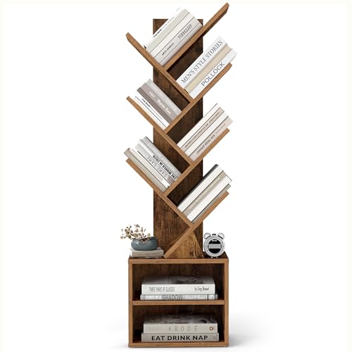 VASAGLE CUSTOS Collection - Tree Bookshelf Modern Bookcase Floor Standing Book Shelf for Bedroom Living Room Home Office 2 Open Compartments 8 x 15 x 48.5 Inches Rustic Brown ULBC607K01