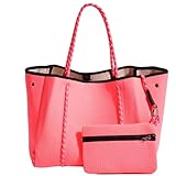 POPUPS Large Neoprene Tote Bag for Women - Everyday Designer Handbag for Travel Work and Beach with Pockets and Zipper Pouch (Neon Pink)