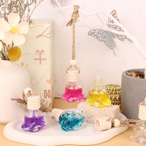 Image of 50 Pcs 8ml Hanging Car Air Freshener Diffuser Empty Clear Glass Essential Diffuser Oil Aromatherapy Fragrance Perfume Pendant Rose Shape with Wooden Cap Hanging String Car Diffuser Bottle