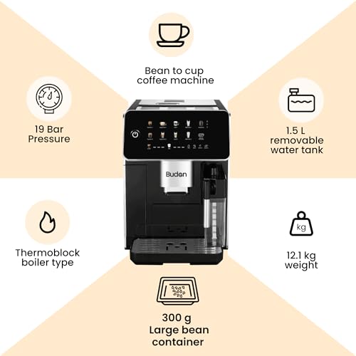 Image of Budan Brew500 Espresso Coffee Machine with Built-in Grinder | Bean-to-Cup|15 Bar Pressure | 1450W | Home & Office, Free Demo & Installation| 1-Year Warranty (Touchscreen)
