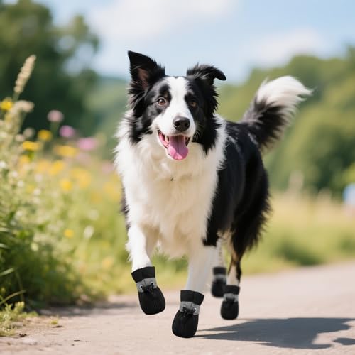 4 PCS Hundeschuhe Sommer, Hundeschuhe Pfotenschutz, Pfotenschutz für Hunde, Ausgestattet mit Reflektierendem Band, Geeignet für Den Lnnen- und Außenbereich, Atmungsaktiv und Verschleißfest/Schwarz 6