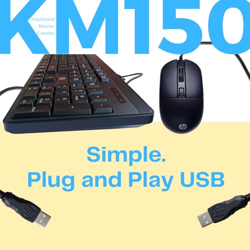 Image of HP KM150 Wired Keyboard and Mouse Combo Full-Size Keyboard, 1600 DPI Ergonomic Optical Sensor Mouse, Instant USB Plug-and-Play, 12 Shortcut Keys, Adjustable Slope Keyboard (3-Years Warranty)