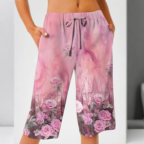 Linen Crop Pants for Women Fashion Knee Length Shorts Elastic Waist Straight Summer Drawstring Boho Pants with Pockets3