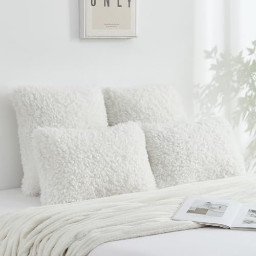 FUTEI Cream White Decorative Throw Pillow Covers 12x20 Inch Set of 2,Soft Fluffy Faux Wool Fur Boucle Textured Lumbar Pillow Case,Modern Home Decor for Couch Bed Living Room Office