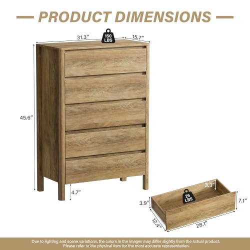 Image of Furniway 45 inch Tall 5 Drawer Wood Dresser for Bedroom with Legs, Natural Oak
