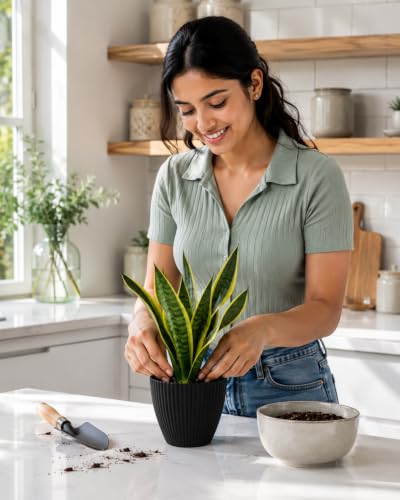 Image of Charcol Grey Plastic Flower Pot for Indoor & Outdoor Plants | Decorative Round Planter | Lightweight Garden Pot