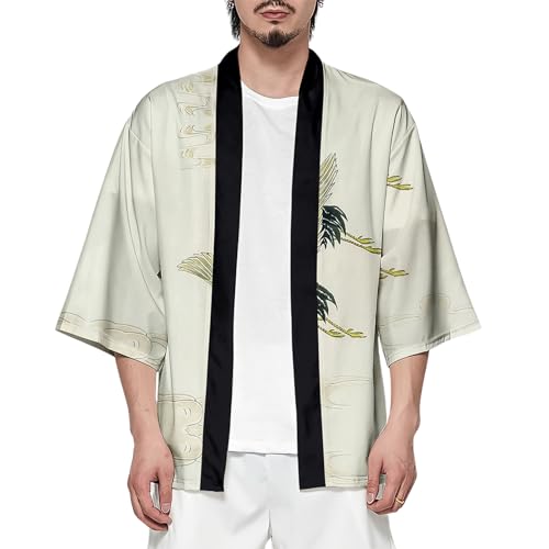 Image of DOSLAVIDA Men's Japanese Kimono Jacket Set Stylish Open Front Coat With Shorts Chinese Style Printed Cardigan Suit