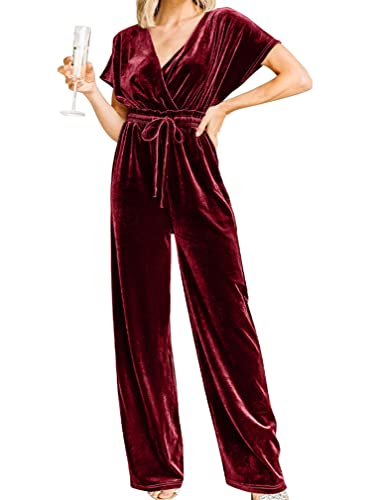 YMDUCH Women's Casual Short Sleeve Belted Long Wide Leg Pant One Piece Jumpsuit Winered