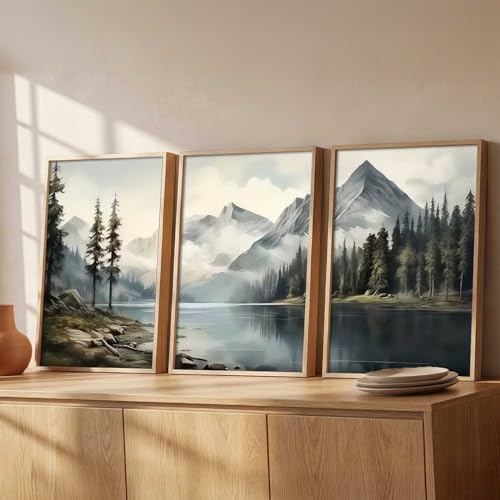 Image of kotart Big Aesthetic Mountains View Wall Art Paintings | River View Framed Painting | Nature Art Vastu Frames for Living Room Bedroom Wall Decor Set Of 3 (14x20 Inch)