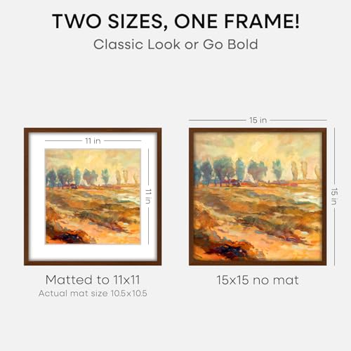 Image of Homeforia 15x15 Picture Frame Brown, High End Dark Oak 15 x 15 Square Wood Frame with Mat 11 x 11 for Photo, 15by15 Wooden Walnut Poster Frame Matted to 11x11 Print, Tempered Glass, Wall Kit, Set of 1