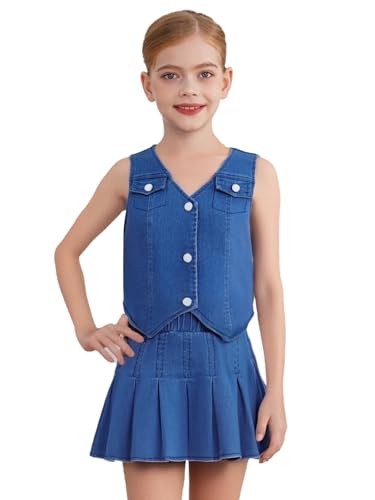 Kids Girls Cute Y2K 2 Piece Outfit Sleeveless Button Down Denim Vest with A Line Mini Pleated Jean Skirt Blue 14 Years