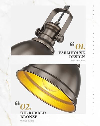 Image of 2-Pack 8 inch Pendant Lights Kitchen Island, Oil Rubbed Bronze | Farmhouse Kitchen Pendant Lighting over Island for Dining Room, Metal Shade, Adjustable Height, E26 Base, 2151-2PM-ORB