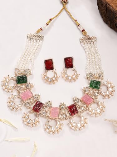 Image of Karatcart Pink Stone Studded Pearl Kundan Necklace Set for Women