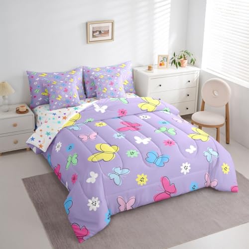 Image of Kids Cute Butterflies 7 Pieces Bedding Set Queen,Colorful Cartoon Floral Bed in a Bag,Kawaii Garden Wildlife Bed Set Includes Comforter,Sheet Set,Pillowcases & Pillow Covers,Cottagecore Bedroom Decor