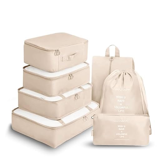 AASHRIT Nylon 8 Pcs Travel Organizer Pouch Packing Cubes For Clothes Space Savers Bags Cosmetics/Underwear/Socks/Shoes Toiletry Bag Laundry Organiser (beige)-image-44