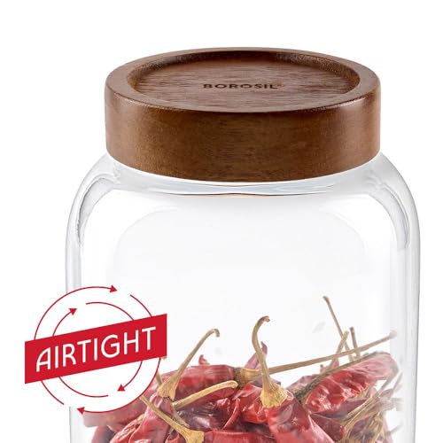 Image of Borosil Glass Jar with Acacia Wood Lid | Borosilicate Glass Storage Jar for Dry Fruits, Spices & Snacks | Airtight Glass Container for Kitchen & Pantry (Roundwood, 1700 ml)