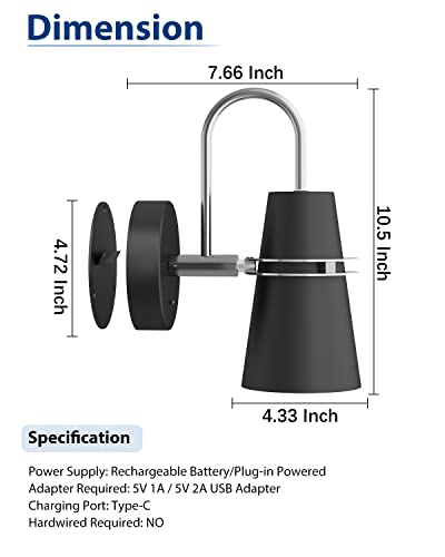 Tacahe Battery Operated Wall Sconce, Set Of 1-5200 Mah Recharge Battery - 3000K & 4000K & 6000K Ct- Dimmable Wall Light With Remote & Touch Control - No Hardwired Needed - 3 Watt - Black (1 Pack) #TOP6