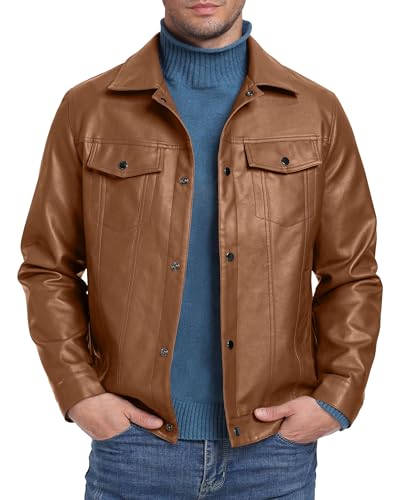 Image of Sailwind Men's Leather Jacket Lapel Collar Motorcycle Coat Snap Button Faux Leather Bomber Jackets (Light Brown, L)