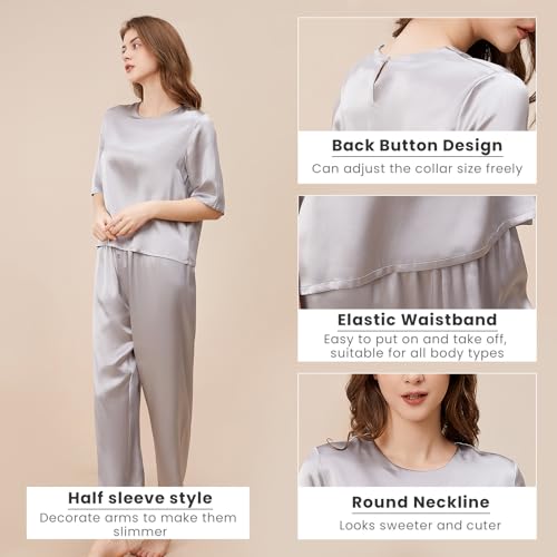THXSILK 6A Pure Mulberry Silk Pajamas for Women 2 Piece Short Sleeve PJS Round Neck Silk Sleepwear3