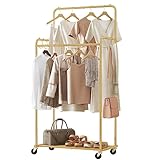 Ekisemio Double Rod Rolling Clothes Garment Rack, Heavy Duty Clothing Rolling Rack on Wheels for Hanging Clothes,with 4 Hooks, Gold