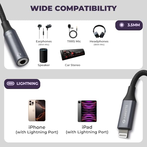 Image of Amkette Adapt Lightning to 3.5mm Audio Jack Connector | DAC Chipset | PVC Fabric Braided Cable | Compatible with iPhones & iPad with Lightning Port | Premium Aluminum Build | Plug & Play