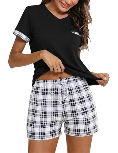 Jahetuul Pyjama Damen kurz Baumwolle Schlafanzüge Sommer Loungewear Zweiteiler Nachtwäsche bequem Pyjama Shorts Shorty Pyjamahose Hausanzug