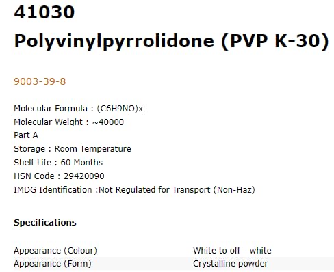Image of SRL Polyvinylpyrrolidone (PVP K-30) 100Gm, CAS NO 9003-39-8, Molecular Formula : (C6H9NO) x, Storage : Room Temperature, Shelf Life : 60 Months, for laboratory and industrial use only