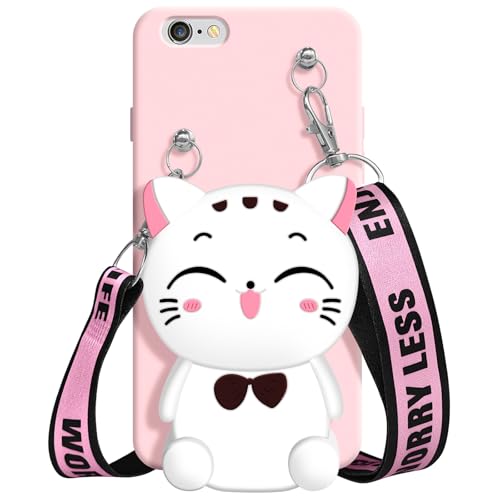 SGVAHY Wallet Case for iPhone 6Plus/6sPlus with Strap Lanyard Cute Cat Pink Coin Purse Funny Phone Case Kawaii Soft Silicone Shockproof Cover for Women Girls