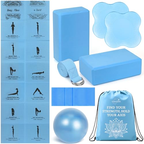 Foldable Yoga Mat and Blocks Set for Women with 2 Pack Yoga Blocks and Strap Thin Non Slip Pilates Mat with Bag Home Workout Equipment Essentials Starter Kit for Beginners Full Body Toning (Blue)