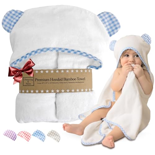 Image of Channing & Yates Premium Organic Hooded Baby Towel and Washcloth Set - Softest Towel With Hood for Newborn - Boy Gift for Baby Shower (Blue)