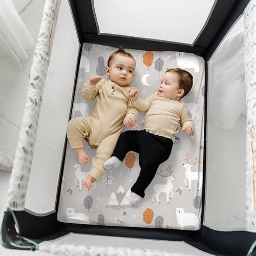 Image of Pack n Play Sheets, BROLEX 2 Pack Mini Crib Sheets,Stretchy Portable Fitted Playard Sheet Set, Convertible Playard Mattress Cover,Ultra Soft Breathable Material,Snowy Forest