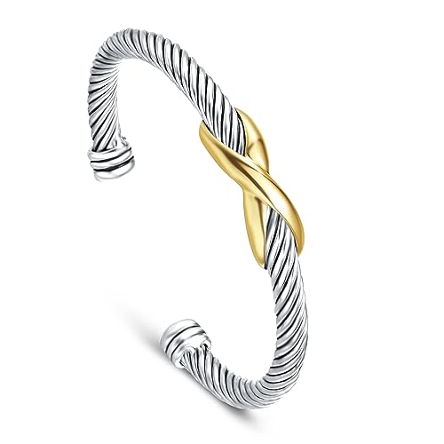 UNY Jewelry Bracelet Two Tone Criss Cross X Shape Infinity Twisted Cable Bangle Designer Inspired Women Jewelry (Single 2 Tone)
