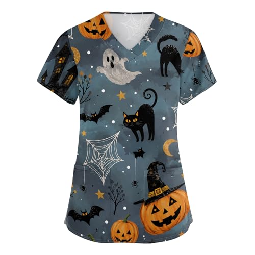 Halloween Scrub Tops Women Print Plus Size Scrubs for Women Stretchy Pediatric Nursing Uniforms Shirts with Pockets 00#15-Multicolor M