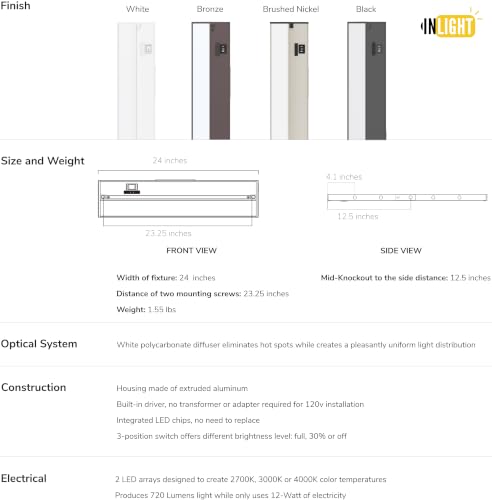 Image of GETINLIGHT 24-Inch Linkable 3CCT LED Under Cabinet Light, Hardwired /Plug-in