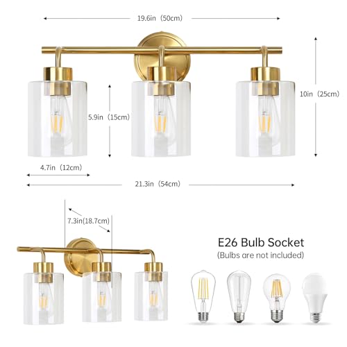 Image of Bathroom Vanity Lights Over Mirror Modern Gold Light Fixture 3 Light with Clear Glass Shade 21.3 inches Brass Wall Sconce Bathroom Lighting E26 Base