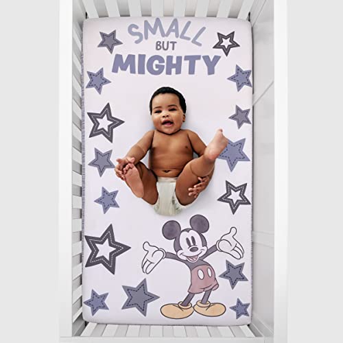 Image of NoJo Disney Mickey Mouse Mighty Mickey Gray, Blue, Red and Yellow Small But Mighty Nursery Photo Op Fitted Crib Sheet