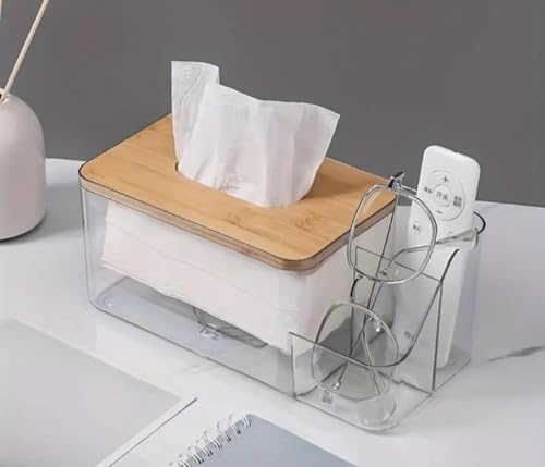 Image of 2-in-1 Tissue Box Holder with Side Storage | Transparent Plastic Tissue Organizer with Bamboo Lid | Multipurpose Desk & Bedside Storage for Remote, Mobile, Mask (Clear - 23.9 x 11.7 x 9.8 cm)