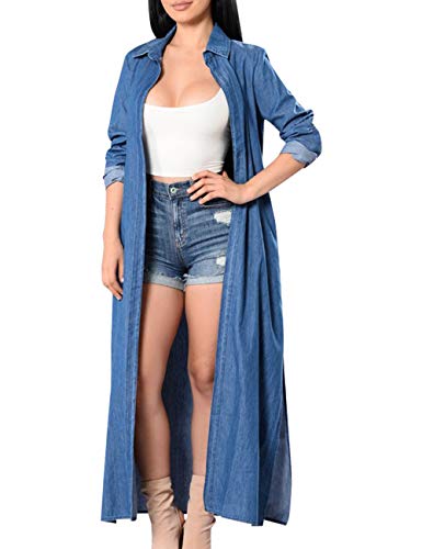 Women's Vintage Washed Long Denim Cardigan Jacket Outfit Breasted Hooded Boyfriend Jeans Trench Coat(367BE-L)