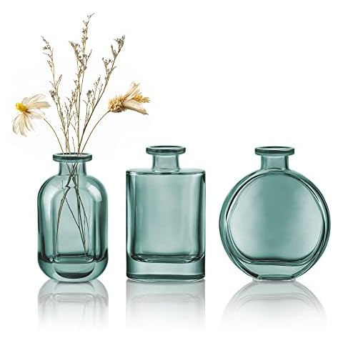 Joeyan Green Glass Bud Vase Set of 3 - Decorative Rustic Flower Vase - Small Bottle Vase Centerpieces for Wedding, Home, Office, Table Décor Cover