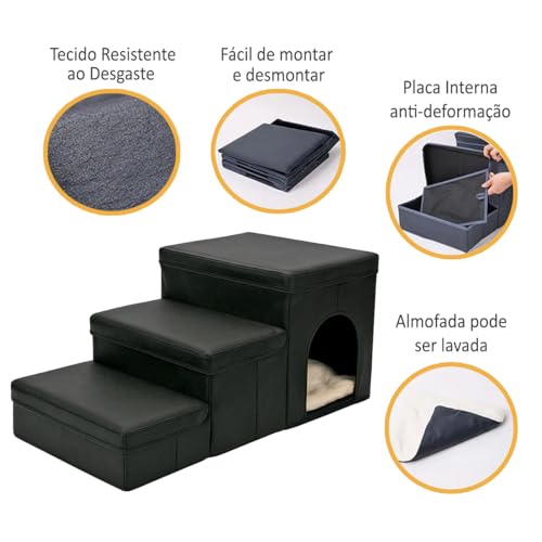 Escada Pet Dobrável com Caixa de Armazenamento e Casinha Multiuso (Preto)