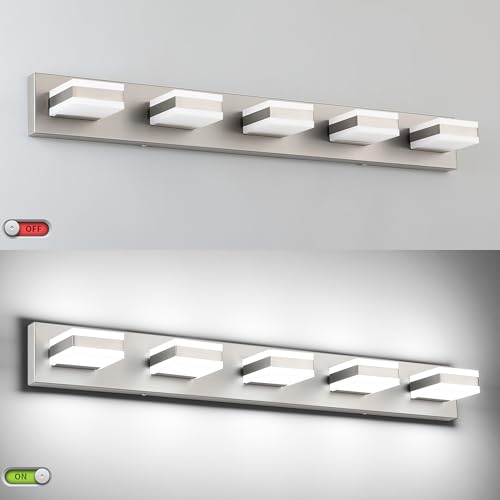Image of SOLFART 5 Light Bathroom Vanity Light, Brushed Nickel Vanity Lighting Fixtures Over Mirror, Modern LED Lights for Bathroom Cool Light 6000K