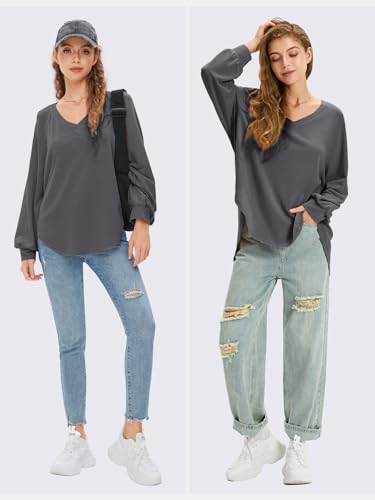Image of EXLURA Womens Fall Oversized V Neck Tunic Tops 2025 Casual Long Sleeve Shirts Lightweight Soft Sweater Curved Hem T Shirts