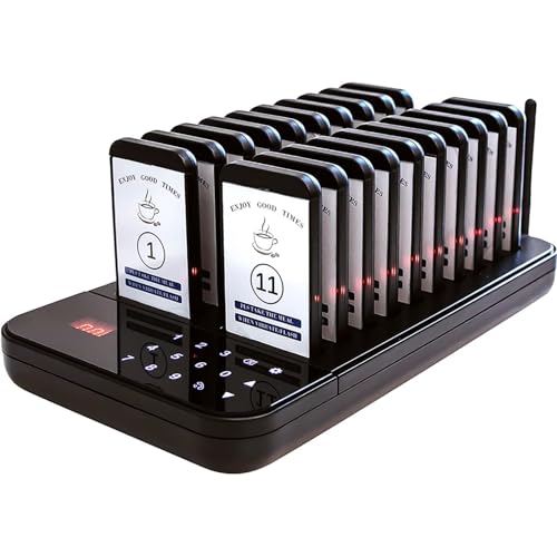 IINCOOY Wireless Restaurant Pager Calling System 20 Coasters Buzzer Vibrator Bell Receiver for Food Truck Bar Coffee Fast Food Bar Cafe