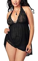 Xs and Os Women's Polyester Spandex Mix & Lace Solid Midi Babydoll Lingerie with Panty (XI-G_L-033_PLUS, Black, 2XL)