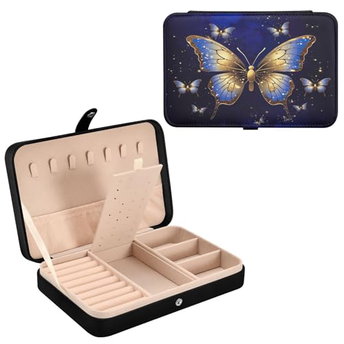 Haskirky Gold Butterfly Jewelry Box Portable PU Leather Travel Jewelry Organize for Women Jewelry Storage Display Holder for Ring, Necklace, Earring