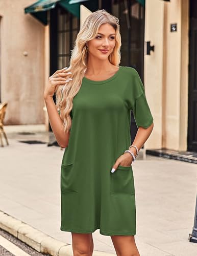 Image of Ekouaer Sleep Shirts for Women Nightgown Short Sleeves T shirt Night Dress Round Neck Womans Nightgown with Pocket S-XXL