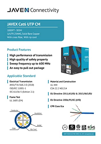 JAVEX 23AWG CAT6 UL in-Wall Rated Bare Copper 600MHz, ETL Listed, UTP Ethernet Bulk Cable, 305M, Blue - Image 3