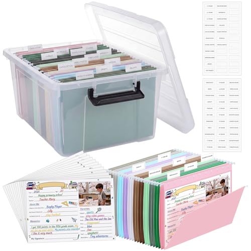 School Memory Box Organizer K-12 Memory Book School Years Keepsake Organizer with 24 Different Stages Memorys Questionnaires 24 Colored File Folders 2 Labels for Kids Storage Pictures File Keeper