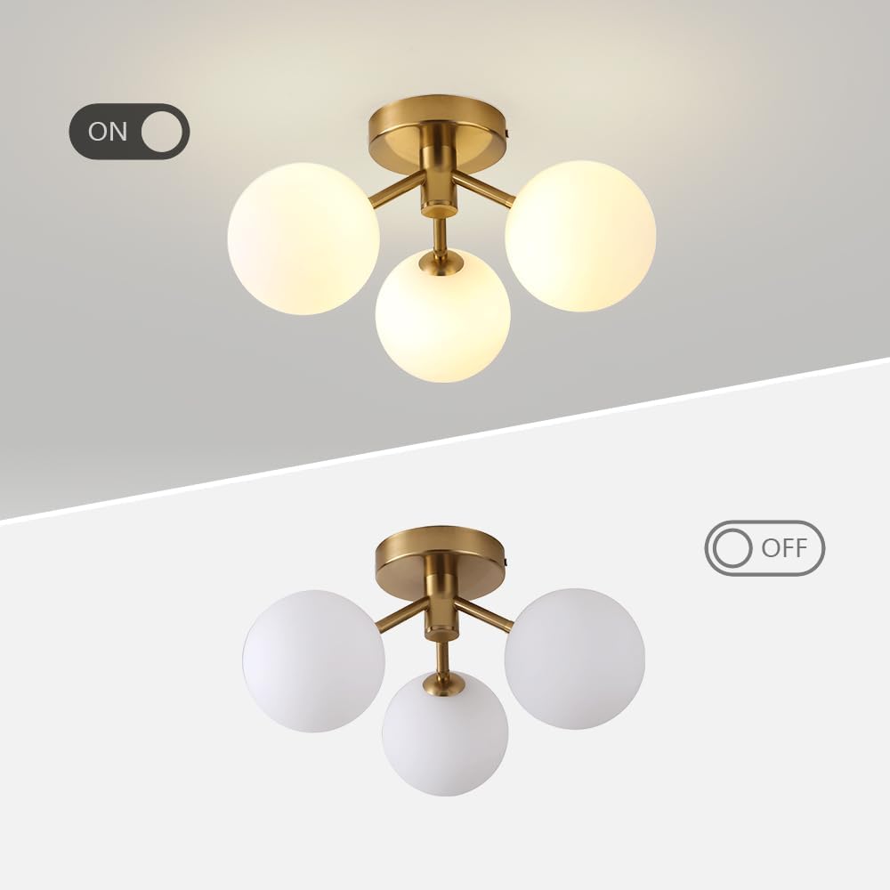 Modern Semi Flush Mount Ceiling Light, 3-Light Gold Globe Mid Century Modern Light Fixture with Milk Glass Shade Chandelier for Living Room, Bedroom, Hallway